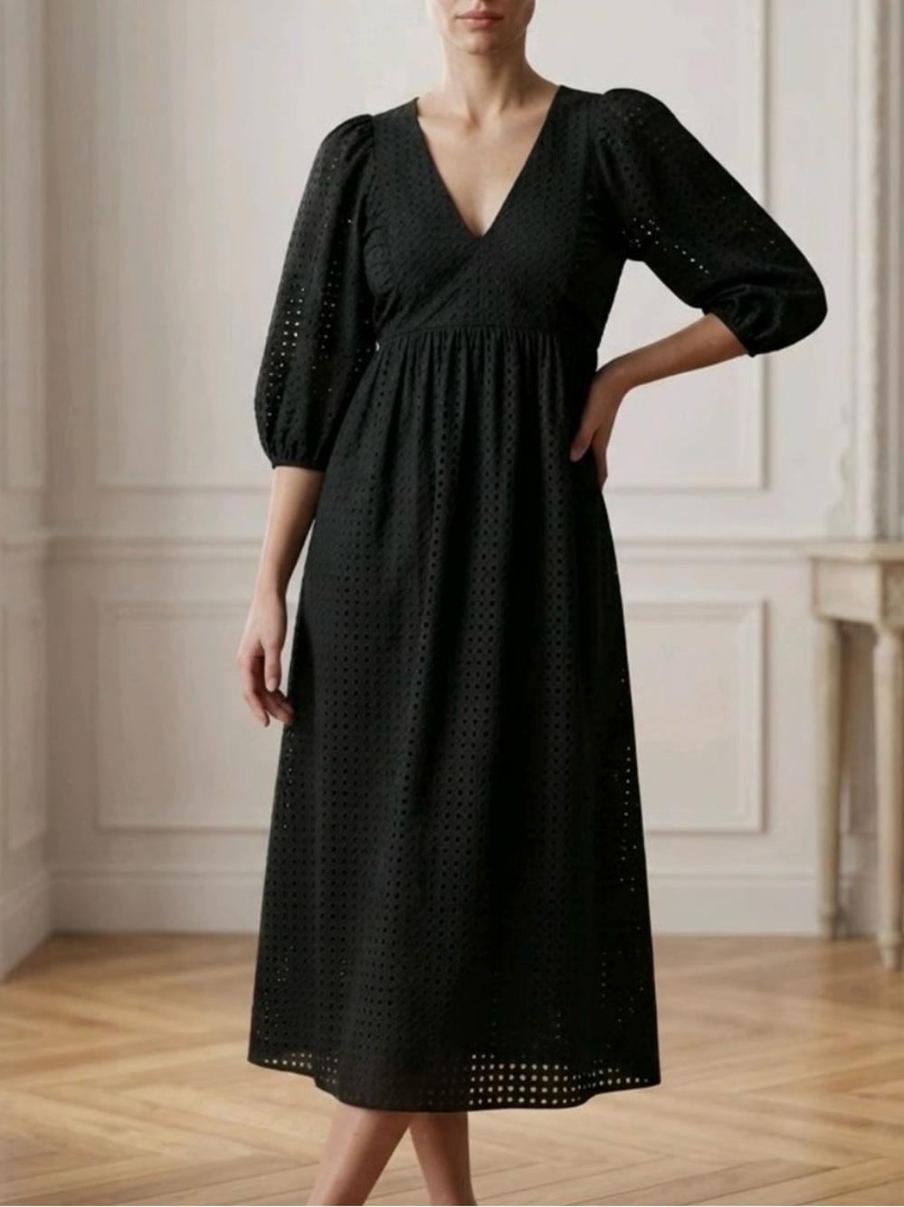 A New Day black eyelet puff sleeve midi dress. S